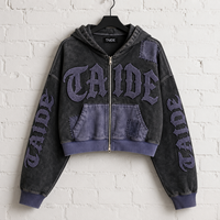TaiDe Hoodie zippé 480GSM, certifié Sedex, délavé à l'acide, patchwork, broderie motif ange Renaissance, bords bruts, coupe oversize, streetwear, ODM