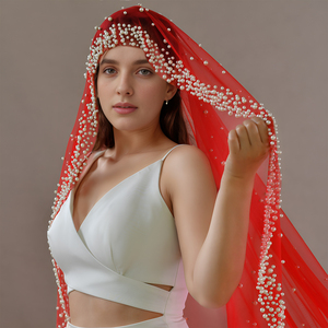 YouLaPan V263 Hijab de <span class=keywords><strong>mariage</strong></span> de mariée rouge vif avec décoration de perles artificielles robe de mariée de mariée sans voile de peigne à cheveux - Product Image 4