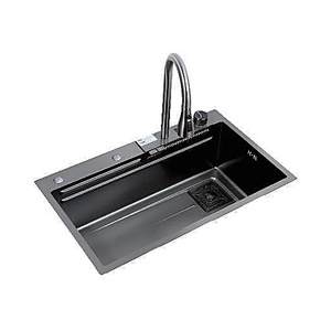 Évier de cuisine Workstation 750x450mm en acier inoxydable 304 noir canon de fusil PVD, avec robinet numérique à effet pluie - Product Image 2