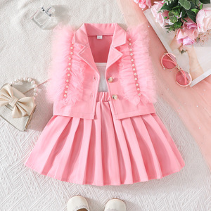 Conjunto de Verano 2026 para Niñas, Chaleco con Cuentas y Plumas de Color Sólido, Falda Plisada, Conjunto de Tres Piezas Dulce y Vibrante - Product Image 6