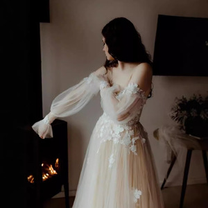 A-Line Tulle Wedding Dress Sweetheart Neckline Empire Waist Nude Back Straps Vintage Style Outdoor Bridal Gown - Product Image 3