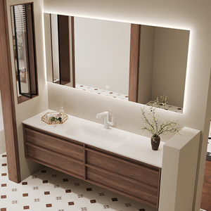 <span class=keywords><strong>Mueble</strong></span> de Baño Moderno Personalizado de Estilo Retro <span class=keywords><strong>con</strong></span> Encimera de Madera Maciza Color Café, Lavabo de Una Pieza Curvado en Caliente y Espejo - Product Image 5