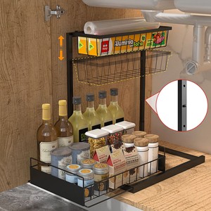 Marco de hierro para barbacoa, estante de almacenamiento de gabinete, color blanco y negro, estante extraíble para fregadero, estante para condimentos de barbacoa, Organizador - Product Image 2