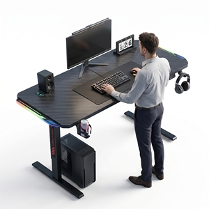 New <b>Standing</b> Desk Gaming Desk Carbon Fiber Surface Metal Frame Adjustable Height With Headphone Hook Cup Holder - Product Image 3