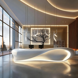 CR007 Pure White High-gloss Seamless Leisure Area Wave-Shaped FRP Reception Desk Perfect for Corporate Office Lobby Hotel Decor - Product Image 3