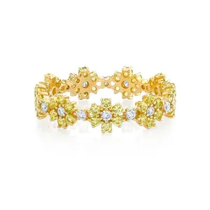 Anillo de Gemnel de Plata de Ley 925 con diamantes y zafiro amarillo, anillo de eternidad con pétalos de flores