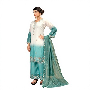 Salwar Kameez de algodón para mujer con dupatta bordada en diseño ombré blanco y morado para uso casual. - Product Image 1