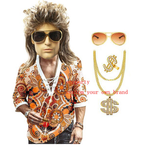 <span class=keywords><strong>Disfraz</strong></span> Disco para Hombre Ecoparty, Camisa <span class=keywords><strong>Hippie</strong></span> de los 70, Camisa de Manga Corta con Estampado y Cordón Ajustable, Peluca Mullet para Fiesta Disco o Graduación - Product Image 1