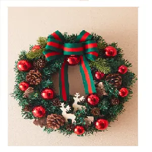 Selling Popular 40cm Pine Cone Decorated Pvc Christmas Wreath Wooden Deer Christmas Wreath With Red Ball