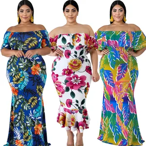 Defeng New Arrive Spring Fall Women Clothing Plus Size Dresses Floral Layered Ruffle Off Shoulder Dress