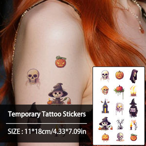 Autocollant Tatouages Temporaires <span class=keywords><strong>Halloween</strong></span> Château de Citrouille Magicien Faucheuse Dessin Animé Tatouage Étanche pour Visage Bras Doigt - Product Image 6