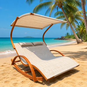 Chaises longues en bois avec parasols, pour la plage, le jardin, l'hôtel, la piscine et comme chaises longues d'extérieur - Product Image 4