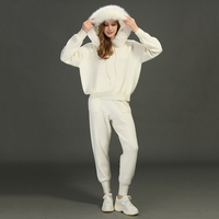 Nouveauté : Combinaisons en laine tricotée pour femmes avec col en fourrure de renard véritable, ensemble sweat-shirt à capuche deux pièces