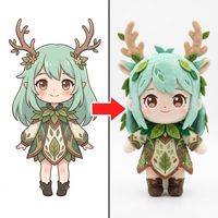 Boneka Peri Hutan Kustom dengan Rambut Hijau Mint, Tanduk Rusa, Daun, Bordir, Gaun Hutan, Karakter Anime, Sketsa