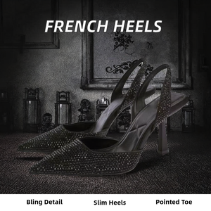 Nuevas Sandalias de Moda para Mujer QuiteS, Zapatos Negros de Punta con Tacón Fino de 8cm, Pedrería Negra, Boca Baja, Tira Trasera Abierta, Estilo Slingback - Product Image 3