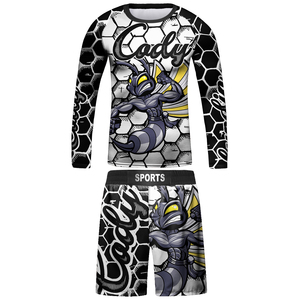 Camiseta <span class=keywords><strong>de</strong></span> Manga Larga con Estampado <span class=keywords><strong>de</strong></span> Jiu Jitsu Brasileño + Pantalones, 4 Piezas/Juego para Niños, Diseño Personalizado OEM, Traje <span class=keywords><strong>de</strong></span> Rashguard para MMA - Product Image 1