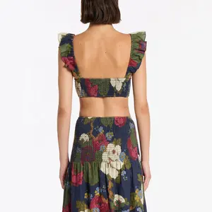 Conjunto de lino sin mangas con volantes para mujer, de 2 piezas Top corto con estampado Floral, elegante, informal, 2023