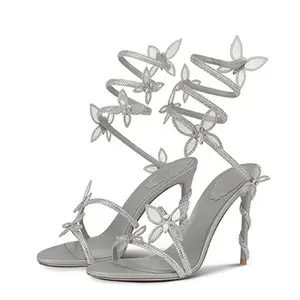 Aneikeh Flock Stiletto High Heels Banquet Party Pumps Shoes Round Toe Lace Bling Fashion Butterfly-Knot Crystal Sandals