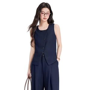 Sleeveless Vest Women Linen Solid Color Asymmetrical Pleats Casual Professional Summer Spring Autumn Fit - Product Image 5