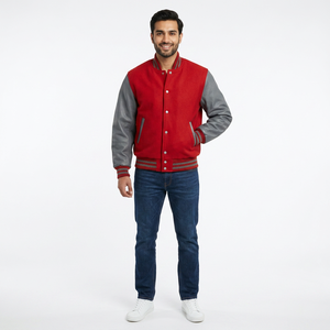 Chaqueta estilo universitario roja y gris para hombre, mangas de algodón, ribete acanalado a rayas, botones cubiertos, cuello alto, estilo urbano y moderno. - Product Image 1