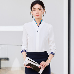 Women's White Long Sleeve Shirt Solid Color Contrast Cuff Office Wear Polyester Poplin OL Uniform YX602 - Product Image 4