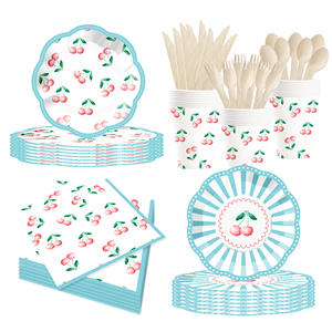 DAMAI Nuevo Juego de Vajilla Desechable con Diseño Personalizado de Frutas, Platos, Vasos y Servilletas de Papel Azules con Temática de Cereza - Product Image 2