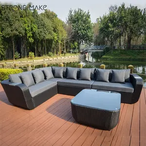 Quảng Châu Hiện Đại Đồ Gỗ Ngoài Trời L hình hồ bơi bên Patio dây mây Gỗ Tếch loveseat wicker vườn góc sofa Set