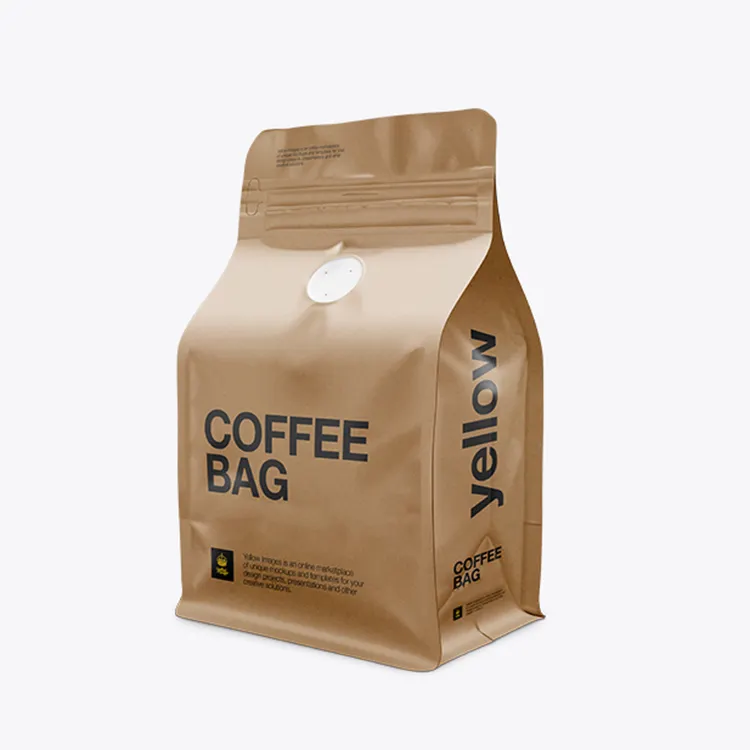 Packaging For Coffee, Flat Bottom Kraft Paper Compostable Coffee Bags with Valve And Zipper Bolsas Para Cafe Coffee Packaging