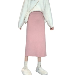 Automne mode tricot jupes longues pour femmes taille élastique fendu jupe crayon coréen décontracté élégant doux Harajuku tricot rose jupe - Product Image 5