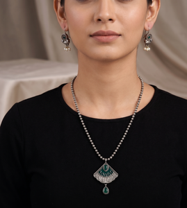 DIVYORO Fan-Shaped Blue Stone Oxidized Silver <b>Necklace</b> Set for Women Traditional Ethnic Jewelry Vintage <b>Statement</b> <b>Necklace</b> Set - Product Image 6