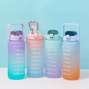 Petg plastik 2 Litre su şişesi buzlu degrade motivasyon su şişesi ile zaman işaretleyici