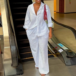 Women's White 2 Piece Set - Long Sleeve Button <b>Down</b> Shirt & Wide Leg <b>Pants</b> Outfit Womens Sets African Clothes Fashion - Product Image 2