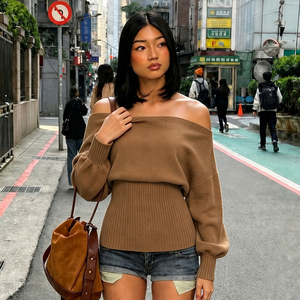 Suéter de Invierno para Mujer, con Hombros Descubiertos, Manga Abullonada, 100% Poliéster, Top Casual de Punto con Cintura Ajustable con Cordón, Corte Ajustado - Product Image 2