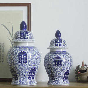 Jingdezhen cerámica doble felicidad carácter General tarro jarrón azul blanco porcelana arreglo floral jarrón para sala de estar - Product Image 4