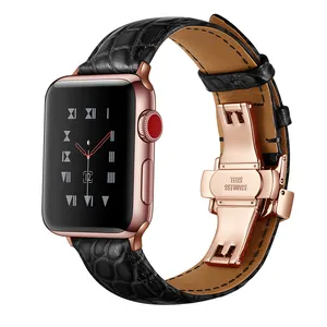 Echte Krokodillenleer Horlogeband Voor Iwatch 38Mm 40Mm 42Mm 44Mm Apple Serie 5 4 3 2 1 Band Vlindersluiting Croco Band