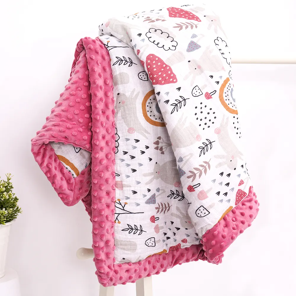Muslin Cotton Minky Dot Pink Rainbow Baby Quilt Breathable Baby Blanket