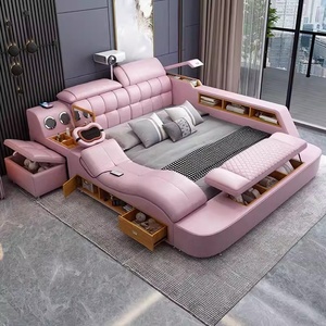 Moderno Letto Matrimoniale Regolabile in Legno con Rivestimento in Vera Pelle, Reclinabile per Camera da Letto, Hotel, Soggiorno, Appartamento - Product Image 5