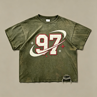 T-shirt Oversize Vintage Lavé avec Imprimé Graphique 97, Coton Épais, Ourlet Effiloché, Style Streetwear pour Homme, Haut Décontracté d'Été