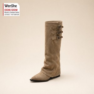 <span class=keywords><strong>Stivali</strong></span> Alti da Donna con Punta a Punta e Cinturino con Fibbia, in Pelle Scamosciata PU, Modello Pieghevole, Basso MOQ, Scarpe Invernali alla Moda, Personalizzabili ODM - Product Image 1