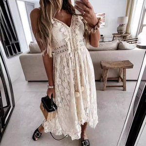 Nuova estate europea americana in pizzo <span class=keywords><strong>con</strong></span> grande Swing abito in Chiffon lungo fino al pavimento di colore puro <span class=keywords><strong>con</strong></span> Logo stile Casual sul <span class=keywords><strong>davanti</strong></span> - Product Image 3