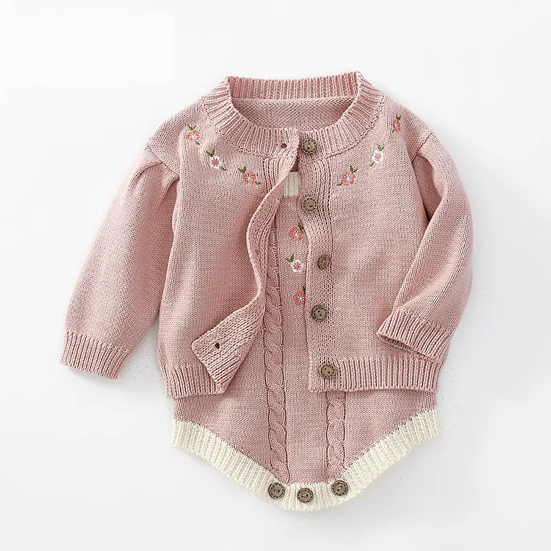 2023 Nieuwste Lente En Herfst Kinderen Baby Meisje Gebreide Geborduurde Trui Jas + Twist Romper Klimplant Pak Set Winter