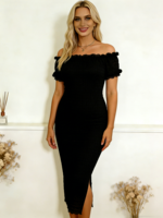 Robe moulante noire en dentelle à épaules dénudées pour femme - Style vintage élégant avec manches à volants