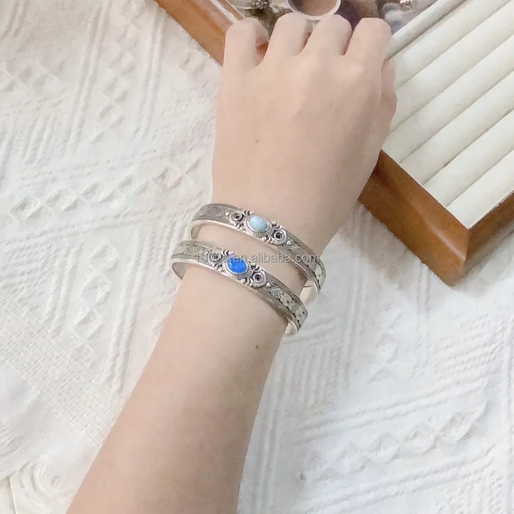 Fashion Jewelry 925 Sterling Silver Antique Bangle With Larimar Bangles Luxury Design Jewelry For Women Men Gift