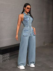 Combinaison <span class=keywords><strong>en</strong></span> <span class=keywords><strong>jean</strong></span> décontractée d'été sans manches à bretelles, pantalon large, combinaison cargo - Product Image 4