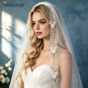 Velo <span class=keywords><strong>de</strong></span> <span class=keywords><strong>Novia</strong></span> <span class=keywords><strong>de</strong></span> Tul con Bordado Estilo Boho YouLaPan, con Perlas Dispersas, Velo para Boda en Jardín al Aire Libre, Accesorio para Sesión <span class=keywords><strong>de</strong></span> Fotos - Product Image 1