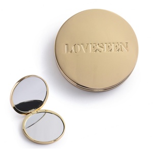 Customized Luxury <b>Small</b> Round Golden Metal Debossed Folding Handbag Cosmetic Makeup <b>Mirror</b> - Product Image 1