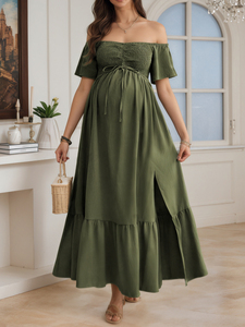 Disponibile Abito Lungo Premaman Estivo con Spalle Scoperte, Maniche Corte con Volant, Vita Arricciata con Coulisse, Orlo a Balze e Taglio a Trapezio - Product Image 1