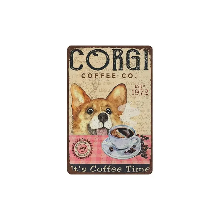 Nieuwe Trend Op Maat Gemaakt Tinnen Borden Met Hondenthema Mooie Corgi-Koffietijd Voor Huisdecoratie Tinnen Borden Vintage Retro Honden