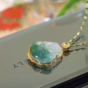 Collier pendentif Bouddha Maitreya en imitation jade Hetian style chinois, couleur dégradée, collier Bouddha rieur en jade - Product Image 2