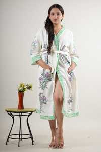 Kimono de Algodón con Bordado Floral para Mujer, Cuello en V, Manga Tres Cuartos, Largo Completo, Corte Holgado, Bordado a Mano, Ropa de Estar por Casa para Primavera - Product Image 4